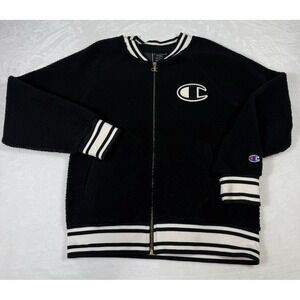 Champion Varsity Sherpa Jacket Women's Size Medium‎ Black Soft Coat Embroidered